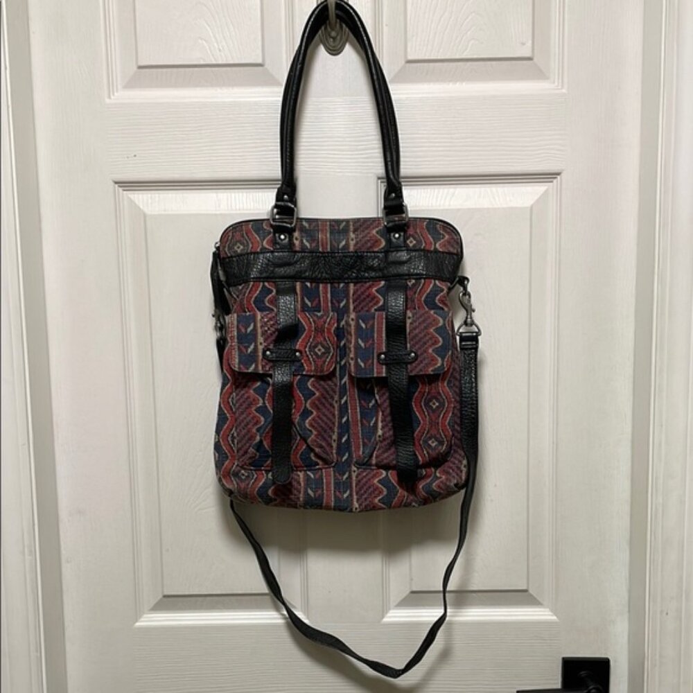 Volcom Destination Tote Blue & Red Geometric Design Crossbody Bag